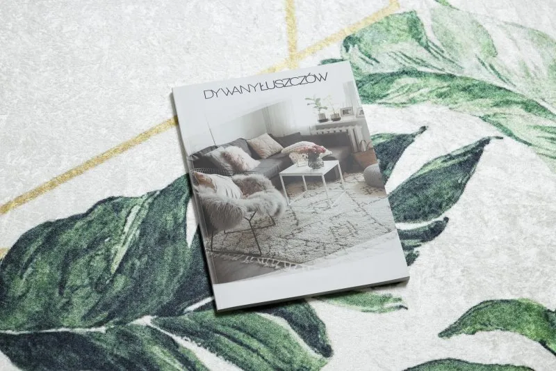 Antypoślizgowy dywan ANDRE 1168 z liśćmi Monstera, wykonany z materiału do prania