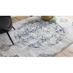 Niebieski dywan DISTIN 0820A w stylu vintage z ornametami