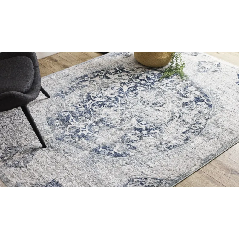 Niebieski dywan DISTIN 0820A w stylu vintage z ornametami