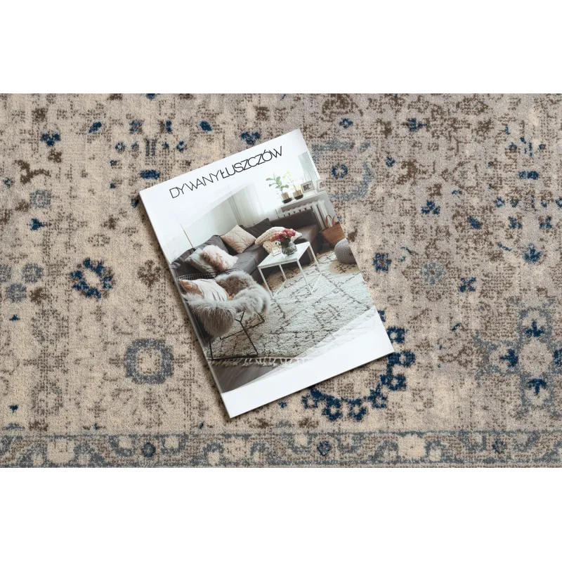 Dywan wełniany NAIN Ornament, stylowy beż z niebieskimi akcentami